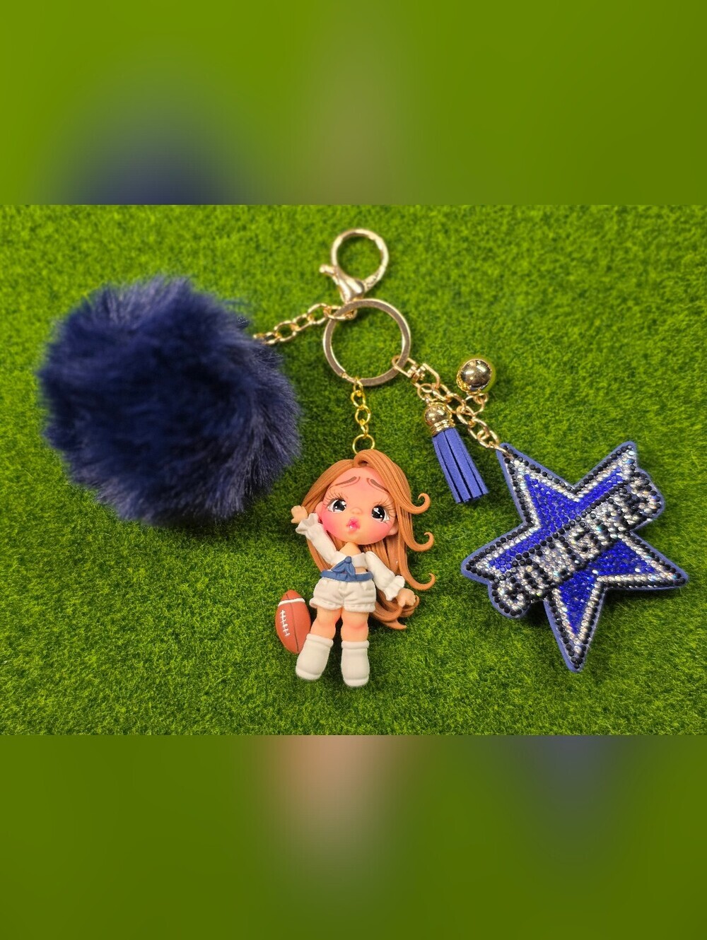 Cute Navy Pom-Pom Keychain with Cowgirls Cheerleader Doll Charm